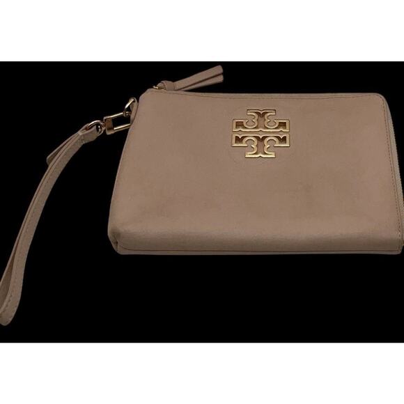 Tory Burch Britten Zip Pouch Tan Pebbled Leather Wristlet Wallet Wrist Strap - Picture 2 of 10